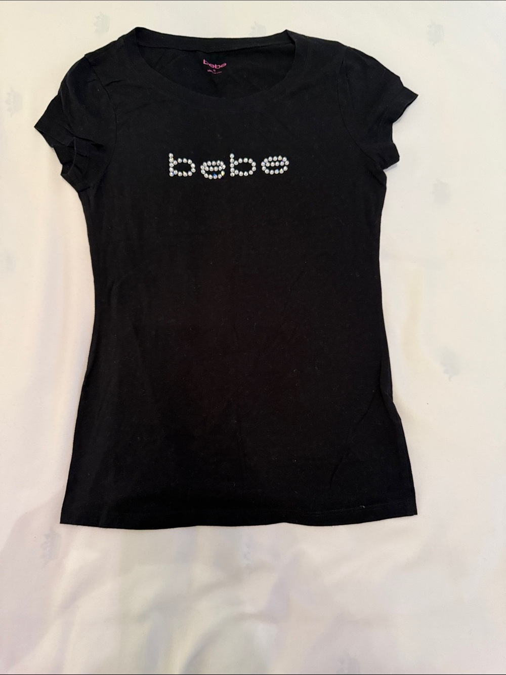 bebe Black Short Sleeve Tee with Rhinestone Logo